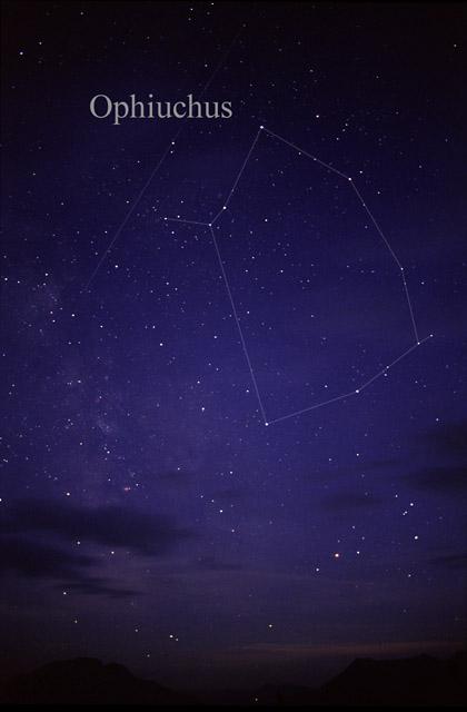 Star chart showing the Ophiuchus constellation near the ecliptic