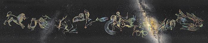 Panorama showing the zodiac constellations and the ecliptic region of the night sky
