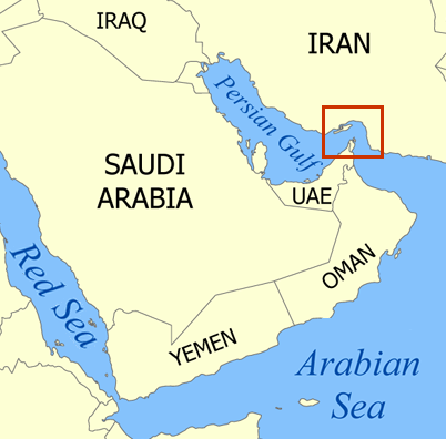 Map showing the location of the Strait of Hormuz